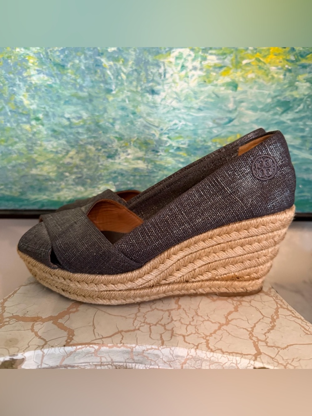 Tory Burch Charcoal Espadrille Wedge Sandals